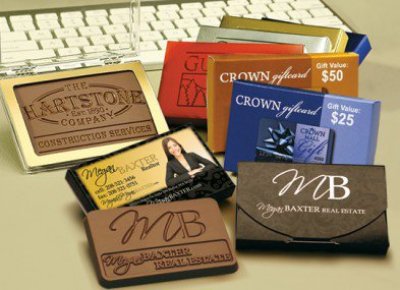 Engraved Milk or Dark Chocolate Business Cards in Imprinted Box 2" x 3"